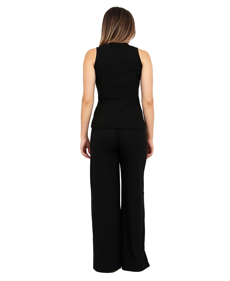 24seven Comfort Apparel Women's Ribbed Knit Tank Top and Wide Leg Pant Set