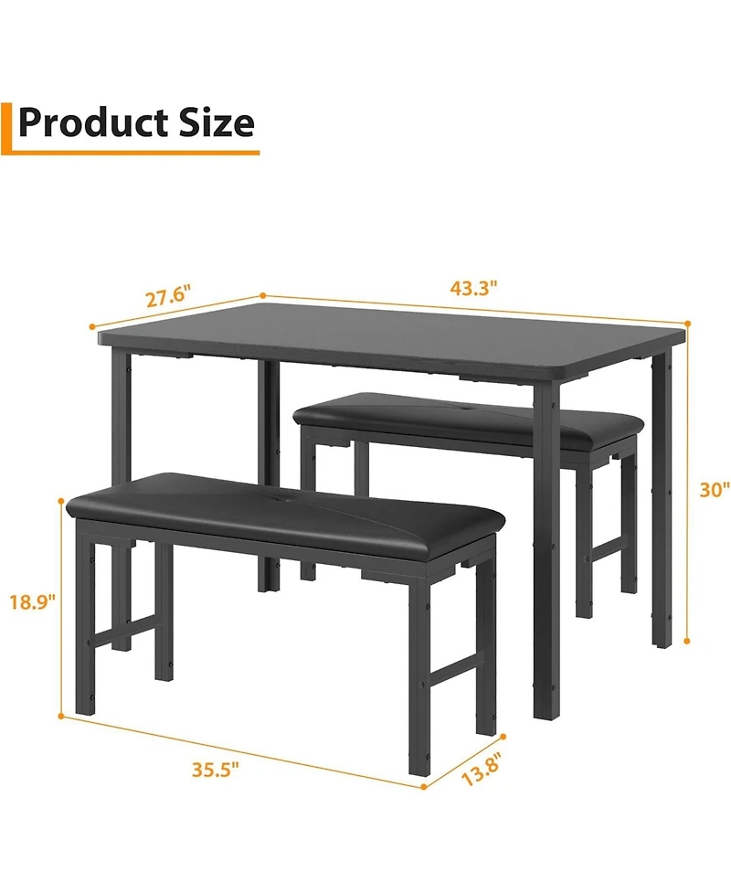gaomon 3-Piece Kitchen Dining Set for 4 with 2 Upholstered Benches