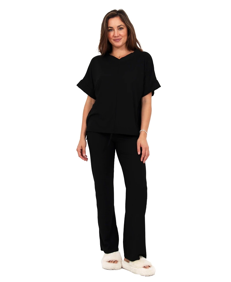 24seven Comfort Apparel Women's V-Neck Top and Drawstring Wide Leg Pant Set