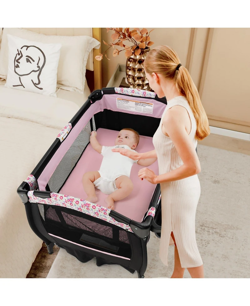 Gouun Baby Portable 4-in-1 Pack and Play Nursery Center with Bassinet and Canopy