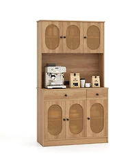 Gouun 71 in Pantry Cabinet with Pe Rattan Doors, Hutch and Built-In Charging Station