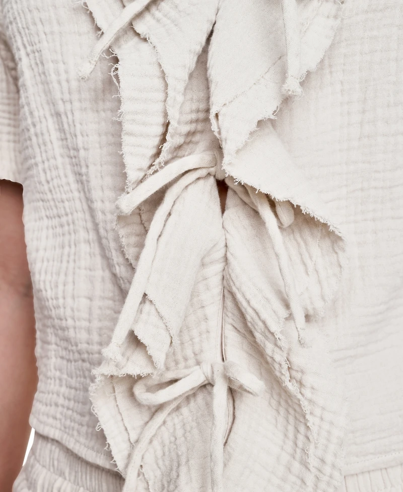 Dkny Jeans Women's V-Neck Short Puff Sleeve Tie-Front Shirt