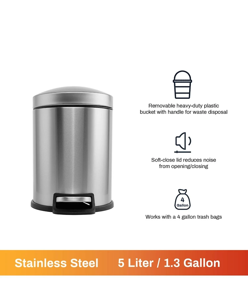 Mega Casa 5 Liter / 1.3 Gallon Stainless Steel Step Trash Can with Soft Close Lid for Bathroom, Office, Kitchen, Bedroom