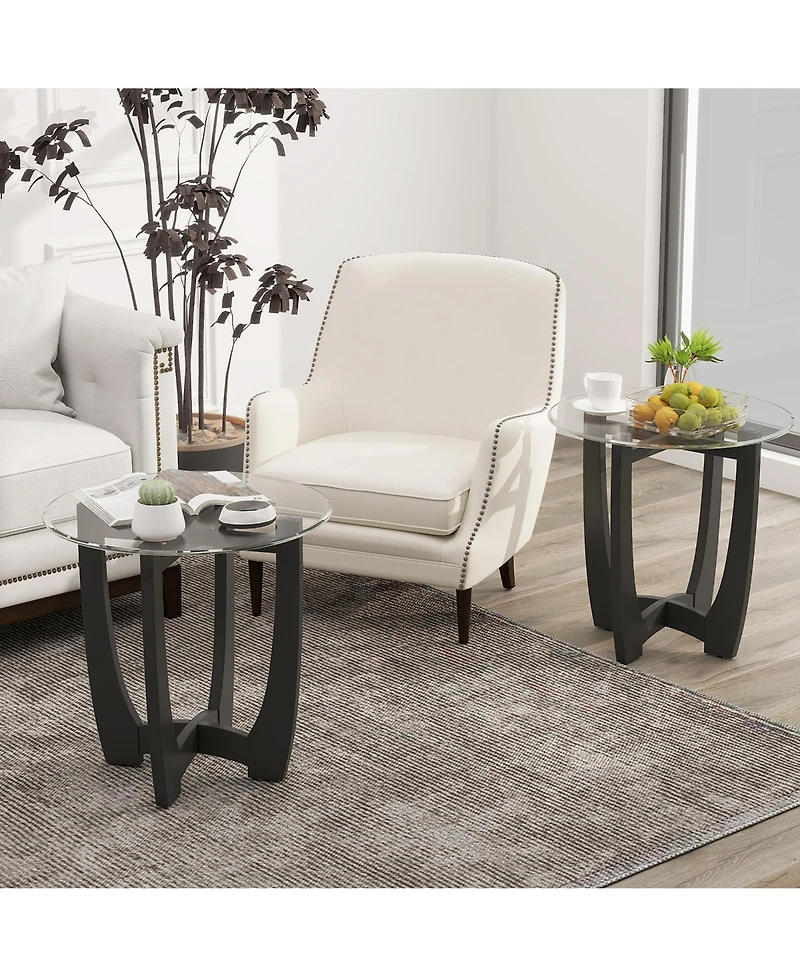 Gymax 2Piece 23.5'' Round End Table w/Glass Tabletop Cross-shaped Solid Rubber Wood Frame