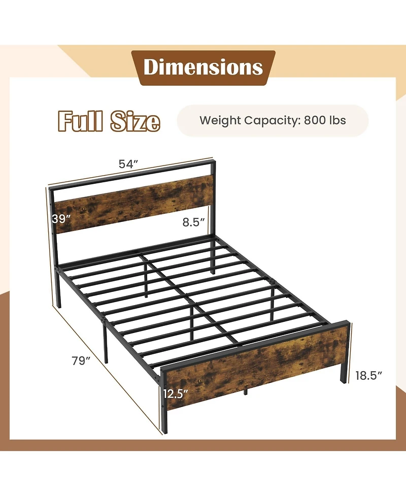 Slickblue Metal Platform Bed Frame with Wooden Headboard, Industrial Style Bedroom Furniture