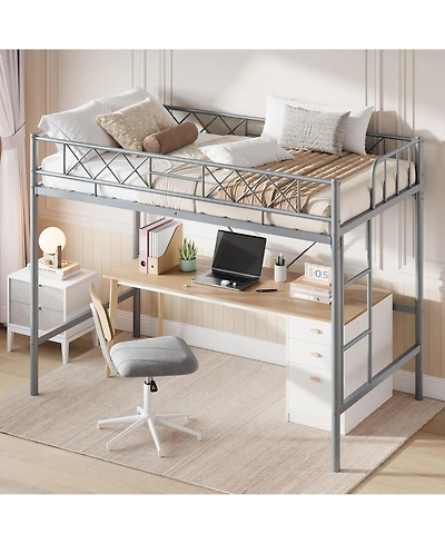 Homfan Metal Loft Bed Frame with Guardrail, Ladder and Underbed Clearance, Box Spring Not Required