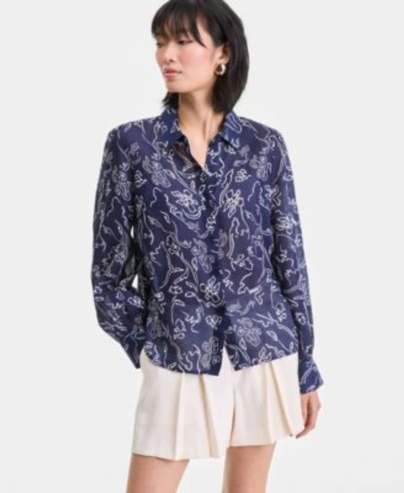 I.N.C. International Concepts Womens Long Sleeve Printed Ramie Button Down Shirt Macys Exclusive