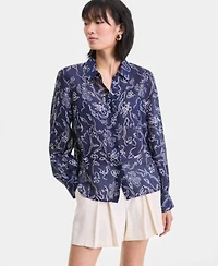 I.N.C. International Concepts Womens Long Sleeve Printed Ramie Button Down Shirt Macys Exclusive