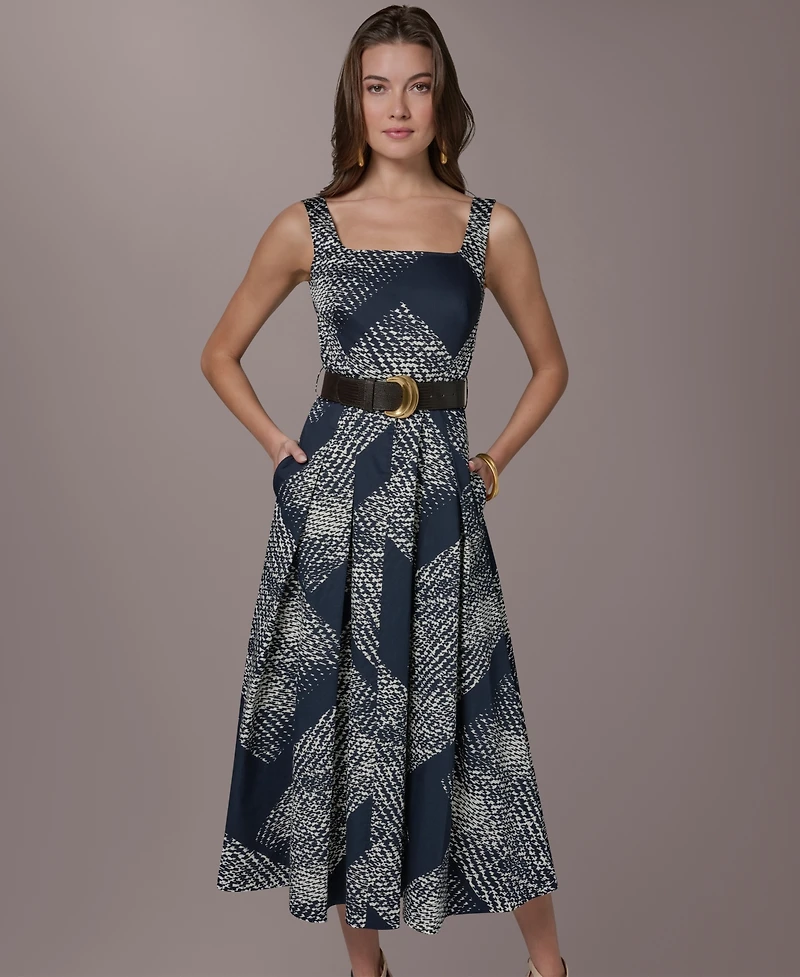 Donna Karan New York Women's Square Neck Fit & Flare Belted Maxi Dress