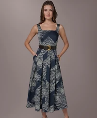 Donna Karan New York Women's Square Neck Fit & Flare Belted Maxi Dress