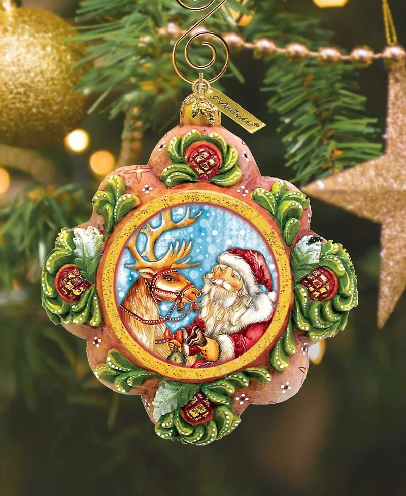 G.DeBrekht Hand Painted Scenic Ornament Santa with Reindeer