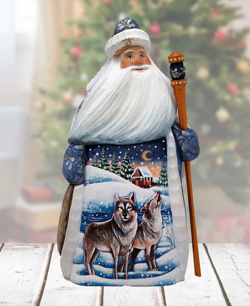 G.DeBrekht Woodcarved and Hand Painted Santa Wolf and Bird Figurine