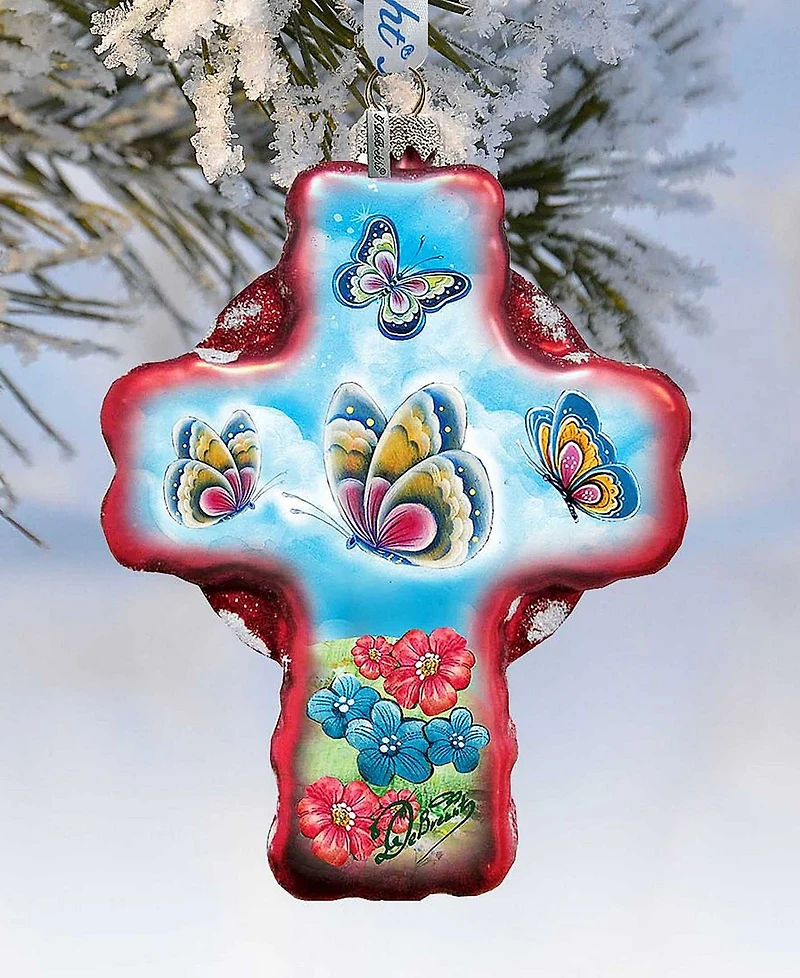 G.DeBrekht Butterflies Cross Glass Ornament