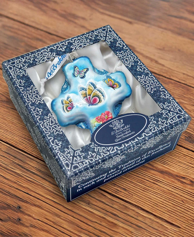 G.DeBrekht Blue Butterflies Cross Glass Ornament