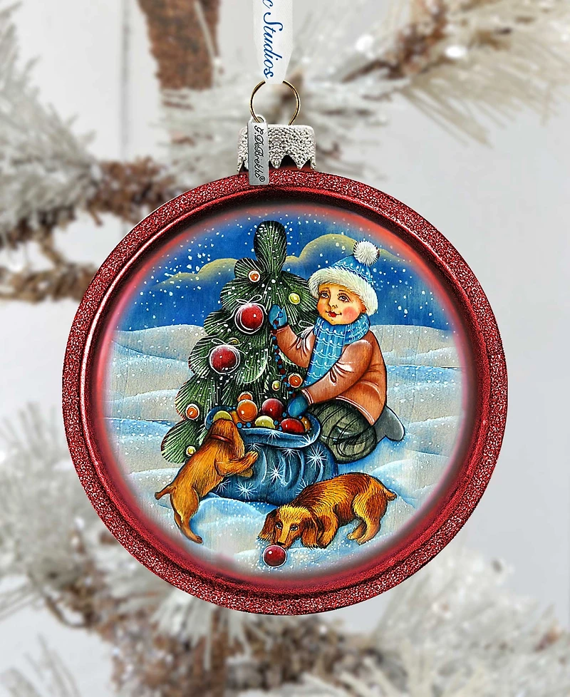 G.DeBrekht Trim A Tree Boy with Dogs C Ball Glass Ornament