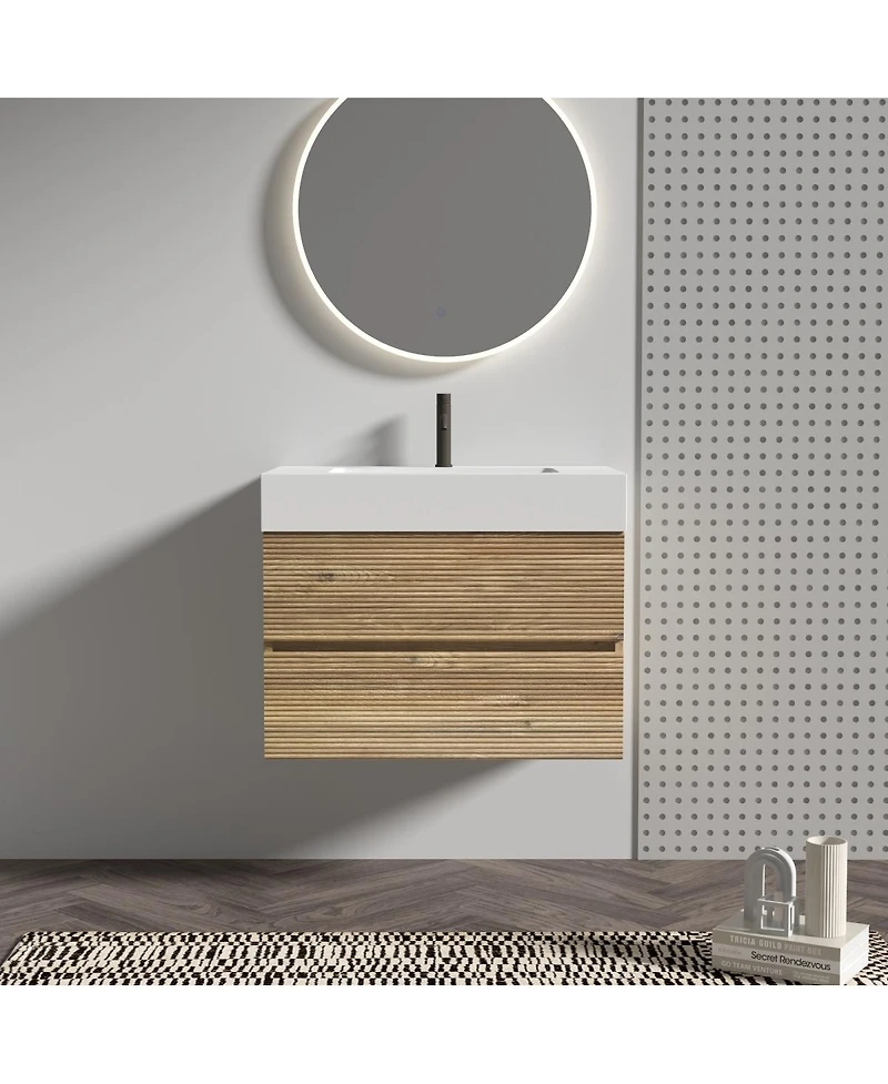 Sillysis Mid-Century Modern Bathroom Vanity with Oak Grille Double Drawers