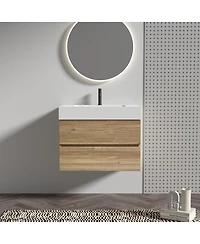 Sillysis Mid-Century Modern Bathroom Vanity with Oak Grille Double Drawers