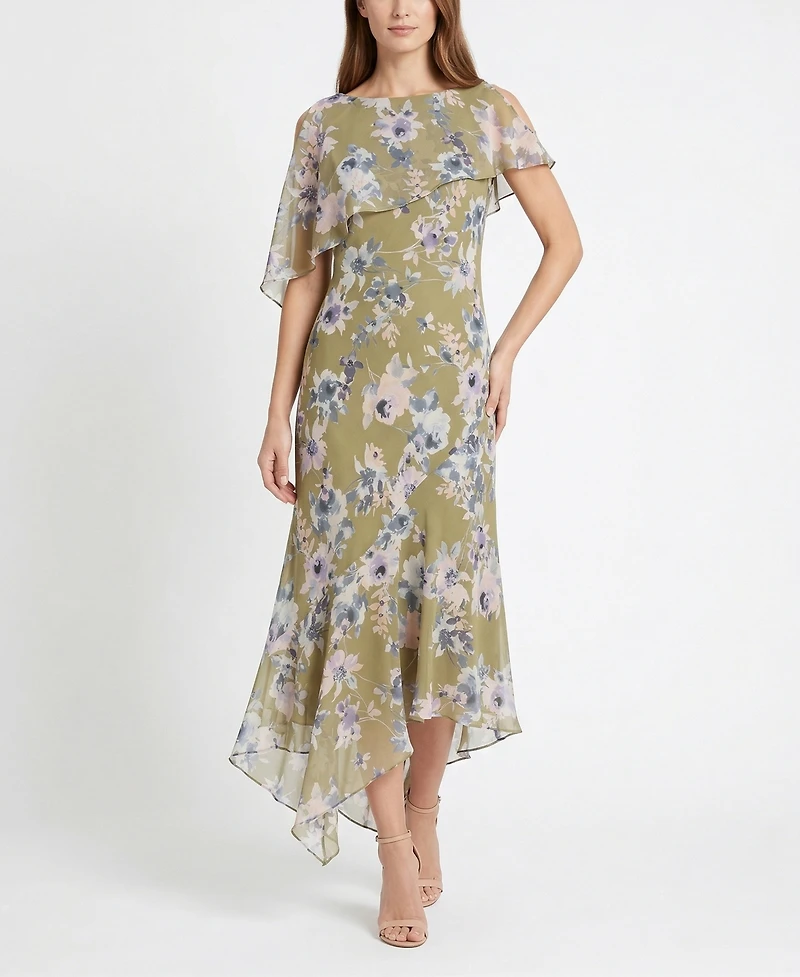 Taylor Women's Floral Print Capelet Fit & Flare Crewneck Polyester Dress