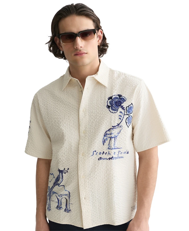 Scotch & Soda Men's Delfts Blauw Artwork Camp Collar Shirt