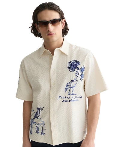 Scotch & Soda Men's Delfts Blauw Artwork Camp Collar Shirt