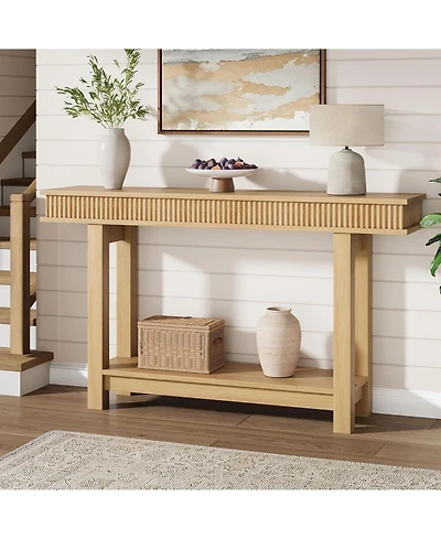 gaomon Farmhouse Fluted Console Table, 2 Tier Wooden Entryway Table with Shelf Storage, Rectangular Narrow Sofa Table Behind Couch, Entry Table