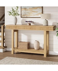 gaomon Farmhouse Fluted Console Table, 2 Tier Wooden Entryway Table with Shelf Storage, Rectangular Narrow Sofa Table Behind Couch, Entry Table