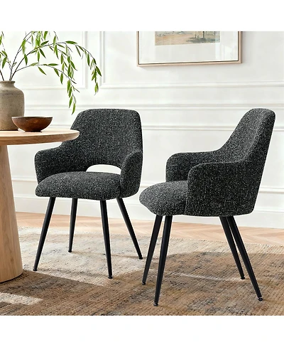 Maison Boucle Set of 2 Upholstered Arm Dining Chairs, Metal Legs, Modern Kitchen