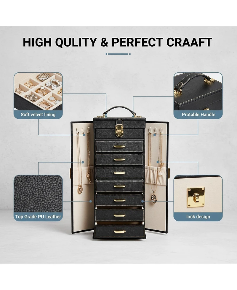 Yigii Extra Large 6-Tier Jewelry Organizer with Mirror 5 Drawers Leather Storage Case for Women