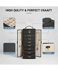 Yigii Extra Large 6-Tier Jewelry Organizer with Mirror 5 Drawers Leather Storage Case for Women