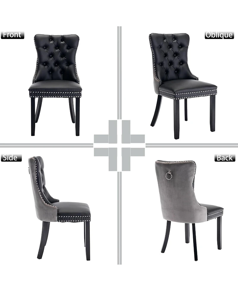 Rainsken Dining Chairs Set of 2, Modern Pu and Velvet Upholstered Kitchen with Wood Legs, Nailhead Trim Button Design for Room
