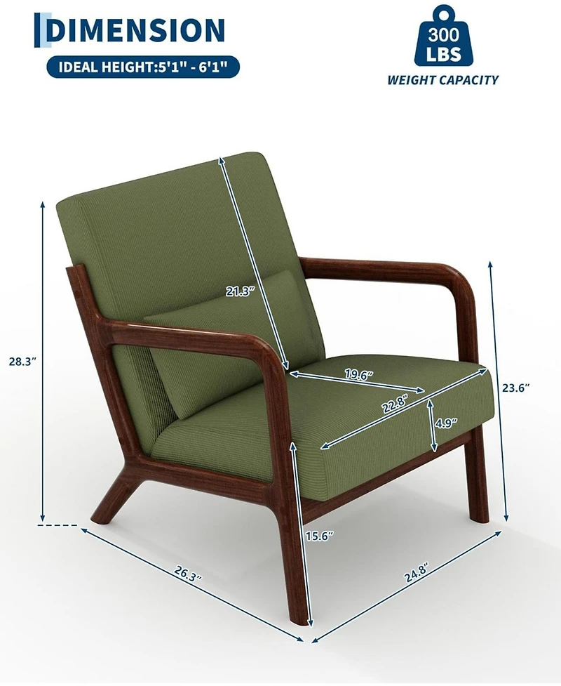 gaomon Mid-Century Modern Accent Chair,Fine Wale Corduroy Upholstery,Solid Wood Armchair with Removable Lumbar Pillow,Sturdy Reading Chair.
