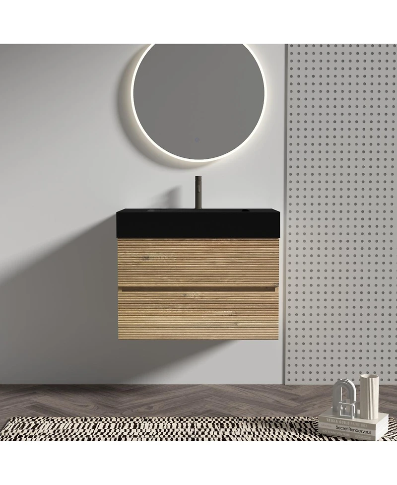 Sillysis Mid-Century Modern Bathroom Vanity with Double Drawers, Quartz Basin