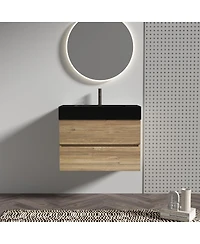 Sillysis Mid-Century Modern Bathroom Vanity with Double Drawers, Quartz Basin