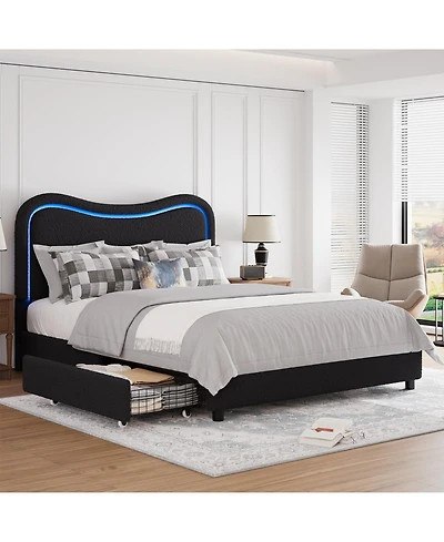 Homfan Boucle Upholstered Bed Frame with 2 Storage Drawers, Led Headboard and Wood Slats