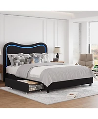 Homfan Boucle Upholstered Bed Frame with 2 Storage Drawers, Led Headboard and Wood Slats