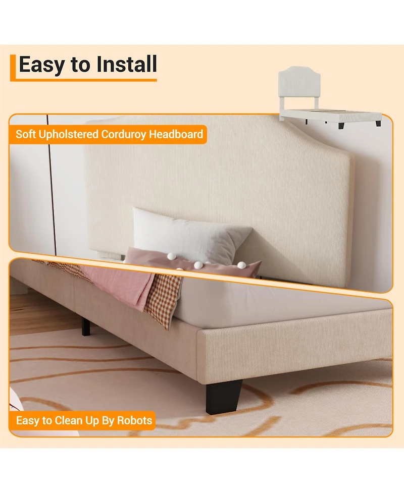 Homfan Modern Corduroy Headboard Bed Frame for Kids - Sturdy, Noise-Free Platform, No Box Spring Needed Easy Assembly Ideal Boys and Girls