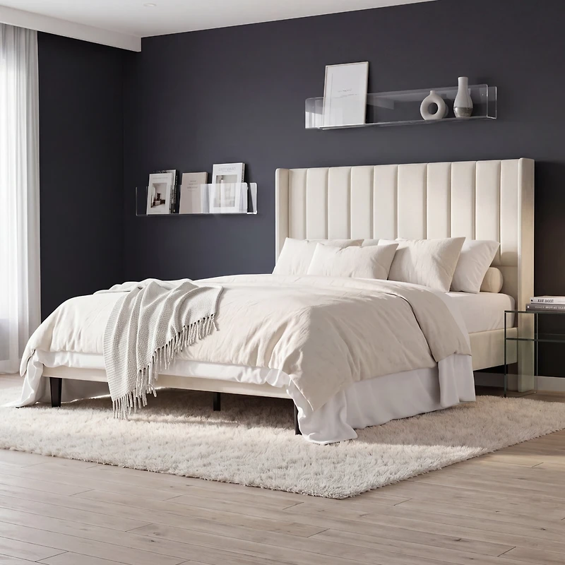 homfan Upholstered Platform Bed Frame - 52" Velvet Tufted Wingback Headboard, Vertical Channel Design, Wooden Slat Support