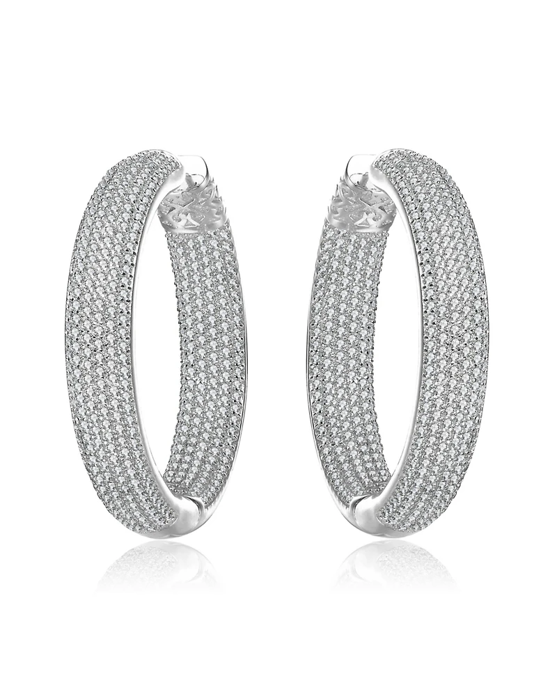 Ra Rhodium Plated Clear Round Cubic Zirconia Pave Hoop Earrings