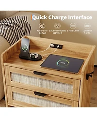 gaomon Home Set of 2 Boho Nightstands, Engineered Wood Bedside Tables with Rattan Drawers Storage