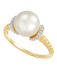 Honora Cultured Freshwater Pearl (9-9.5mm) and Diamond (1/8 ct. t.w.) Bead Ring in 10k Yellow Gold
