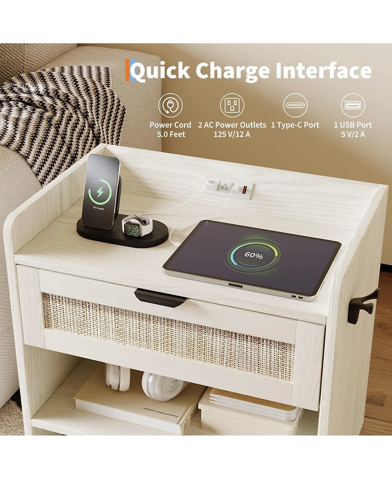 gaomon Home 1-Drawer Nightstand Wood Rattan Storage Side Table