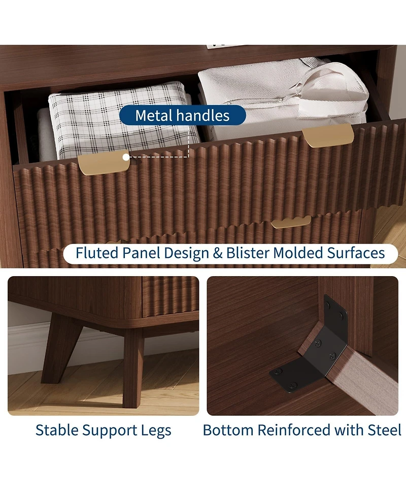 gaomon Home 3-Drawer Fluted Wood Nightstand, Faux Marble Top Bedside Storage Table, 2-Pack