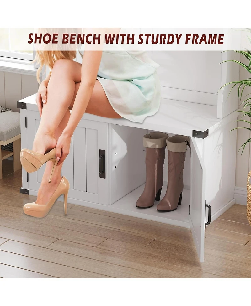 gaomon 76" Hall Tree with Bench and Shoe Storage, Farmhouse 4-in-1 Entryway with Coat Rack and 5 Tri-Hooks, Adjustable Shelf