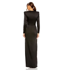 Mac Duggal Petite Long Sleeve Satin Structured Bow Draped Column Gown