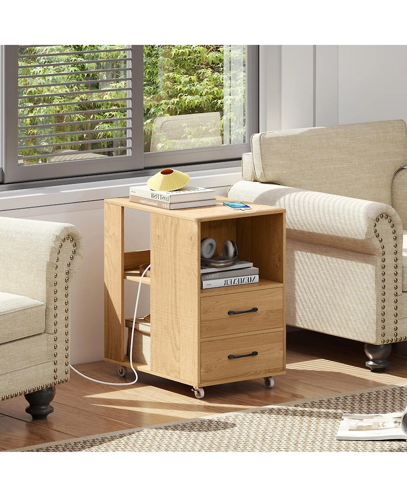 Gymax End Table w/Built-in Charging Station Usb Ports and Outlets 2 Drawers 3 Shelves Natural