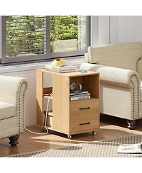 Gymax End Table w/Built-in Charging Station Usb Ports and Outlets 2 Drawers 3 Shelves Natural