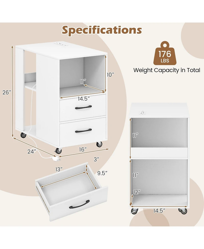 Gymax 2PCS End Table w/Built-in Charging Station Usb Ports Outlets 2 Drawers 3 Shelves