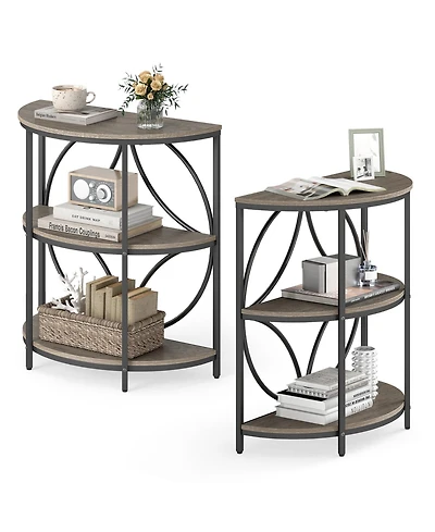 Gymax 3-Tier Half Round End Table Set of 2 with Study Metal Frame Storage Shelves