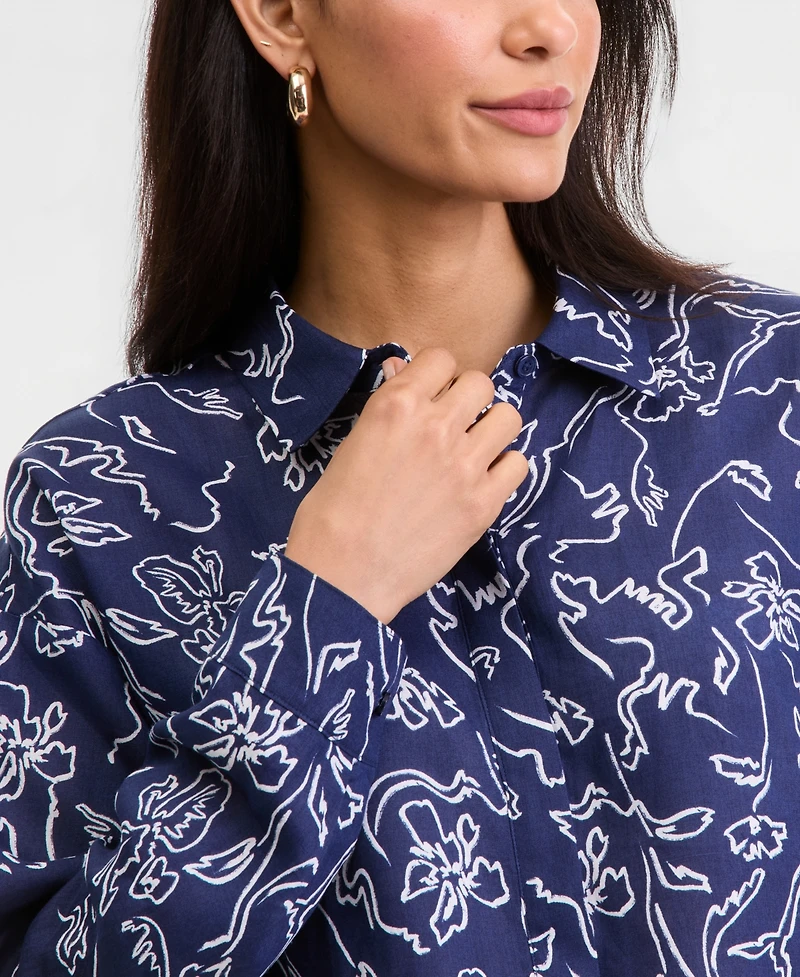 I.n.c. International Concepts Women's Printed Ramie Button-Front Tie-Hem Shirt, Macy's Exclusive