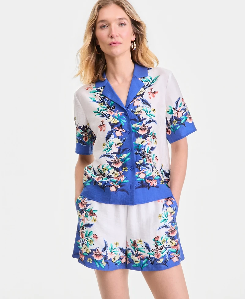 I.n.c. International Concepts Women's Printed Short-Sleeve Button-Front Top, Macy's Exclusive